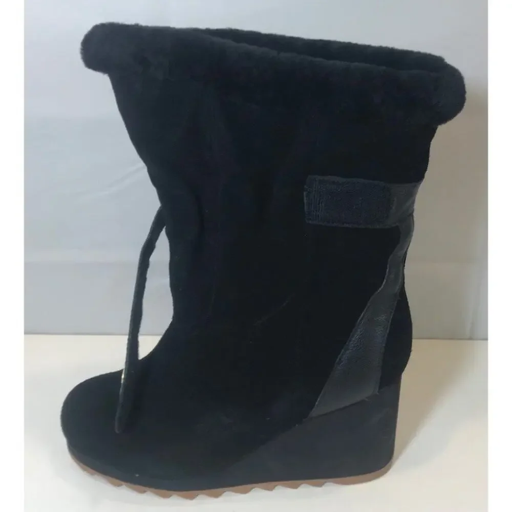 Black Suede Wedge Winter Boots with Shearling Lining